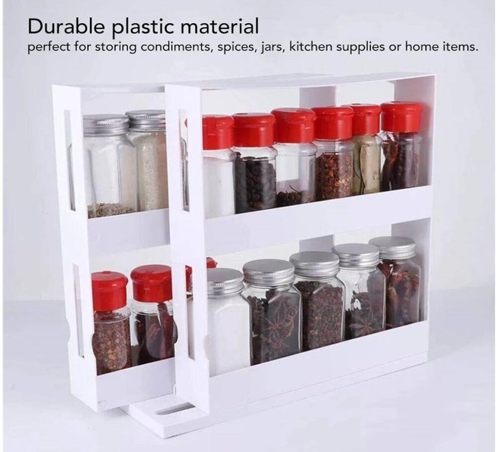 New Sliding Spice Rack, Pull & Rotate Seasoning Organizer 2 Tier Slide Out